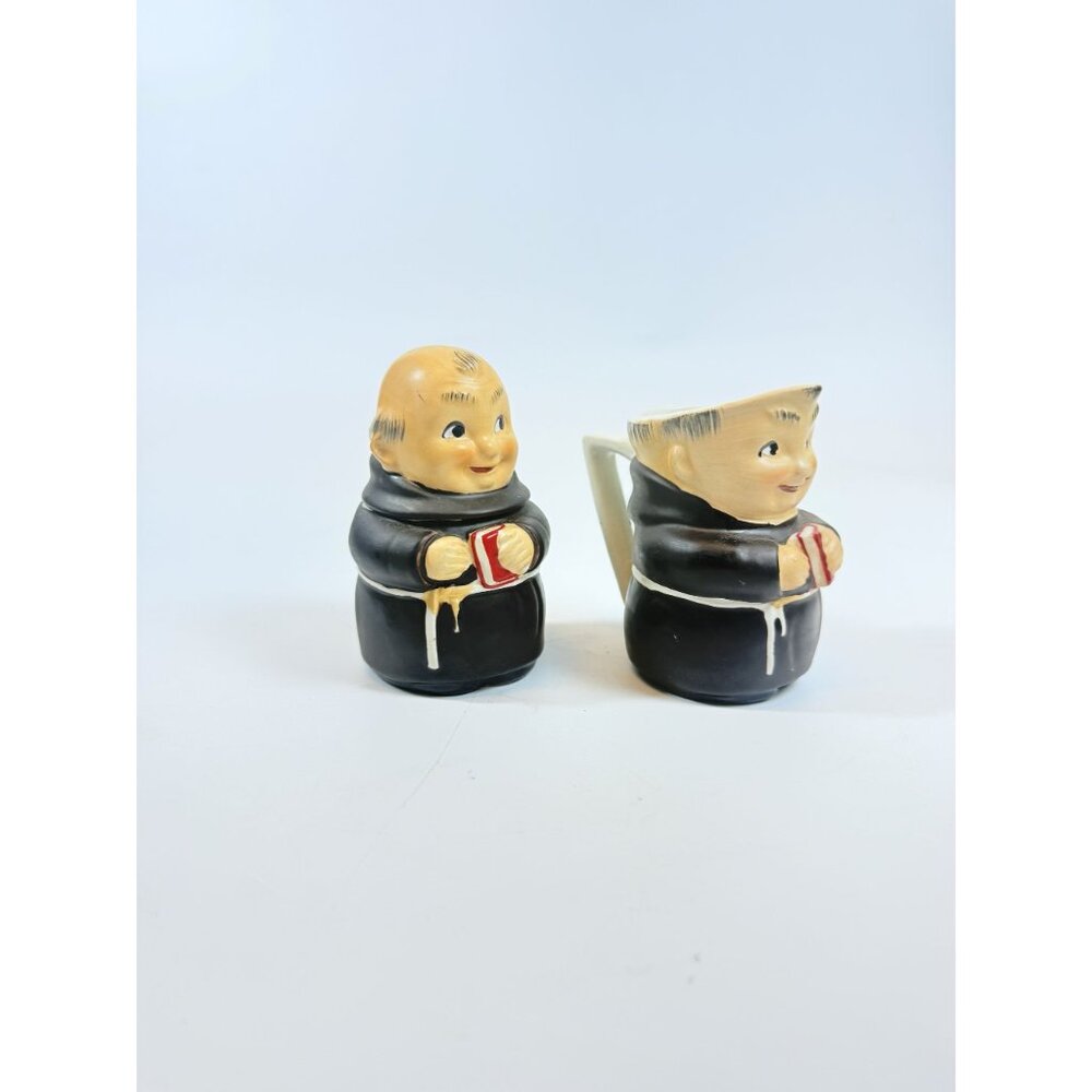 Creamer and Sugar Set Friar Tuck Monks Bowl Pitcher Porcelain Ceramic Apco Vinta - Picture 3 of 14